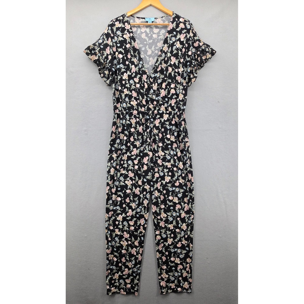 CeCe Floral Jumpsuit Black Pink Blue Flutter Sleeve V-Neck Stretch Knit Large L